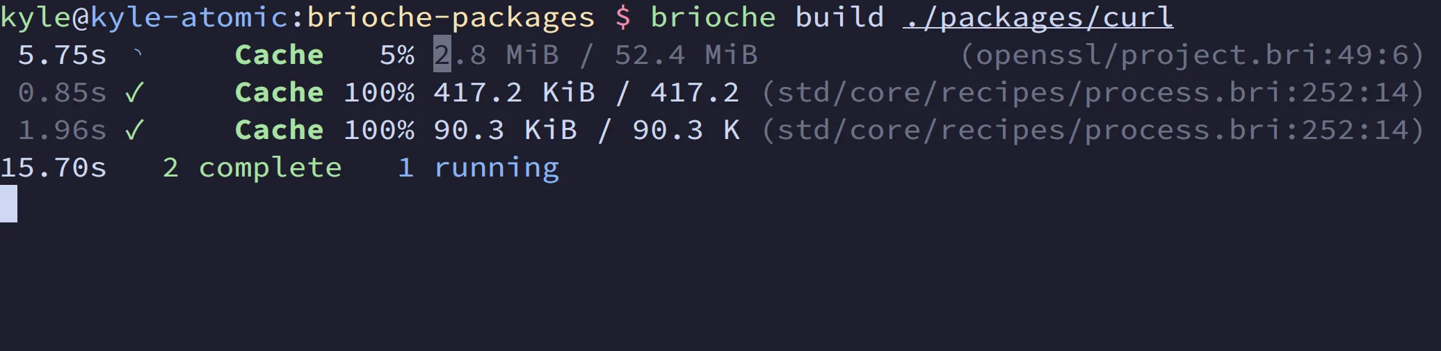 Terminal command: "brioche build ./packages/curl". It shows a cache download running, annotated with the source path "openssl/project.bri:49"